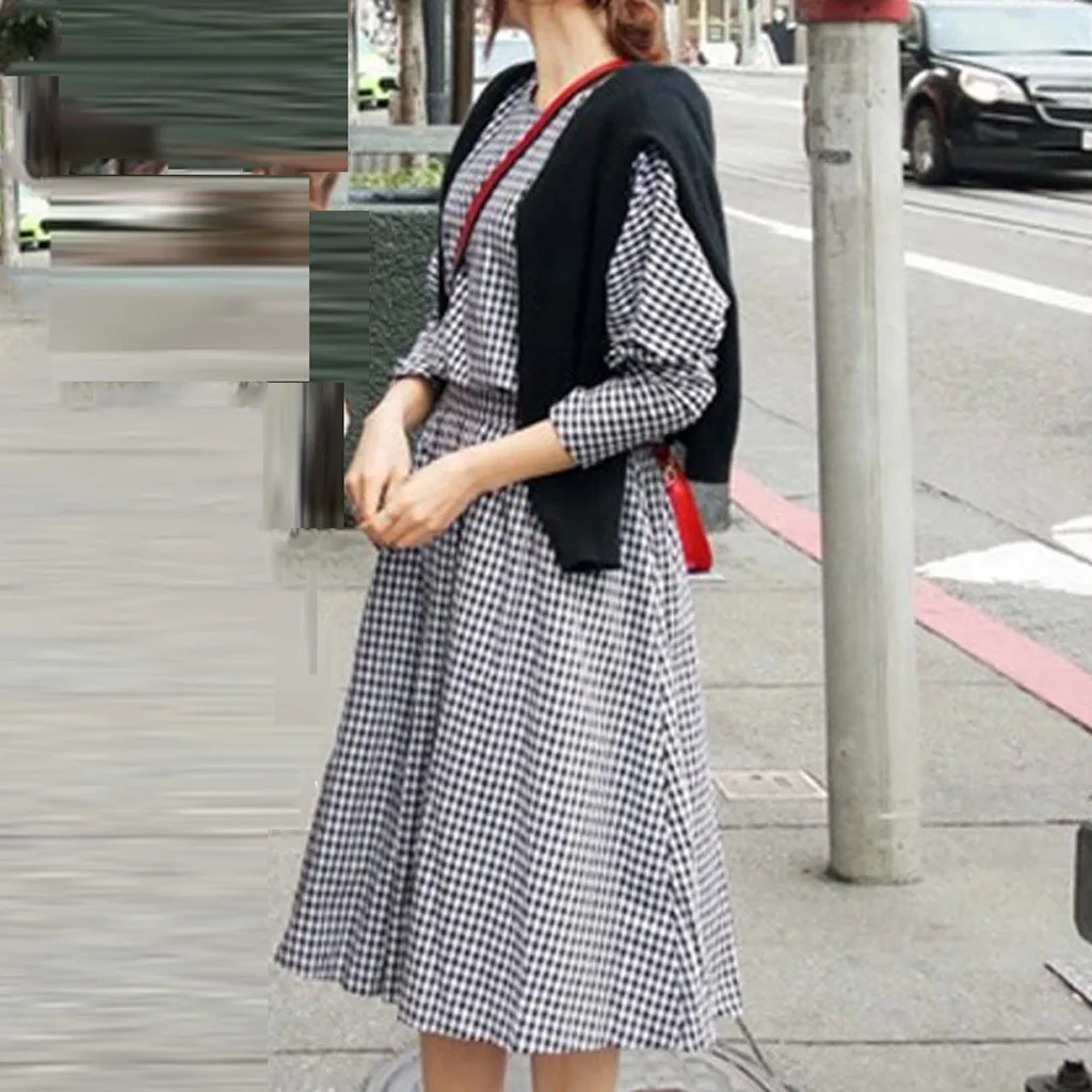 Женское клетчатое платье с бантом свободное длинными рукавами пуговицами на