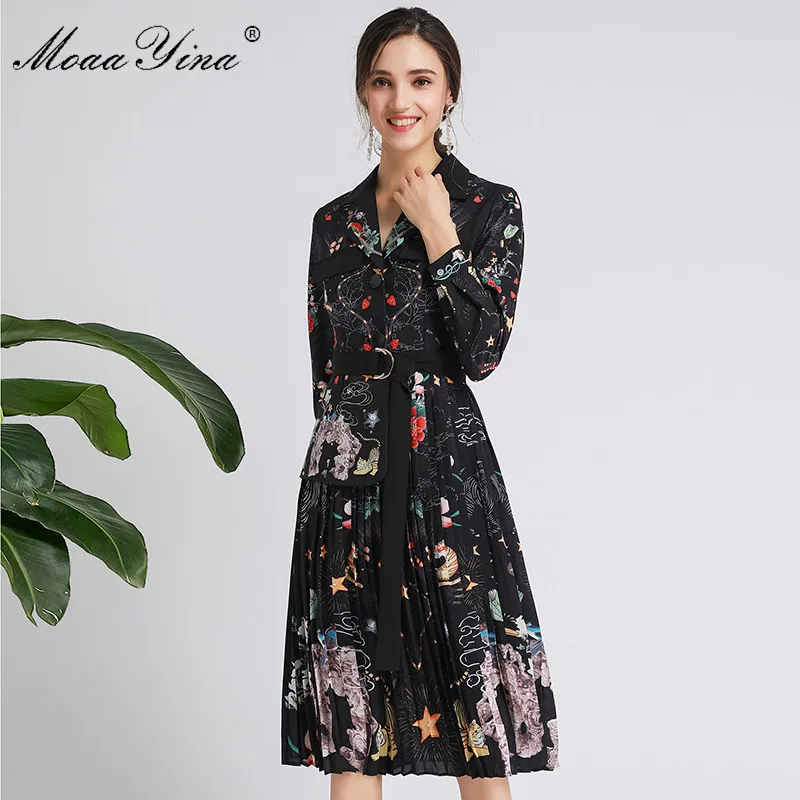 MoaaYina Fashion Designer dress Spring Autumn Women's Dress Long sleeve Lace-Up Print Elegant high quality Dresses | Женская одежда
