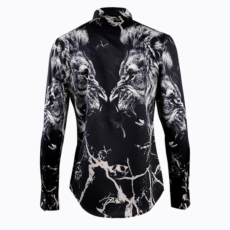Брендовая мужская рубашка, с длинным рукавом, модная, с принтом льва, Chemise homme, черная, тонкая, деловая, мужская рубашка, футболки в повседневном стиле