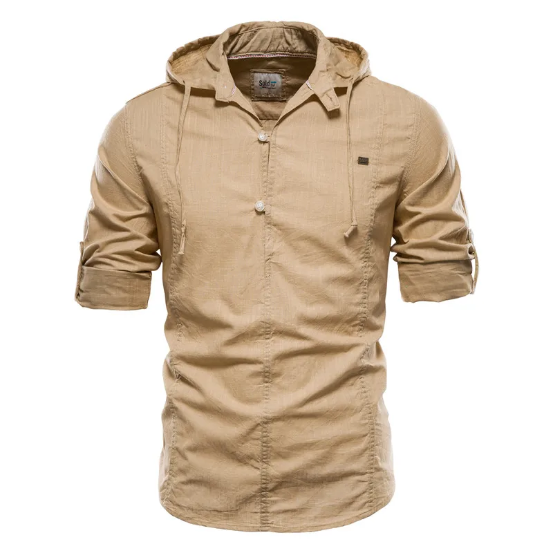 Summer Design Hoodied Long Sleeve Linen Shirt Men Solid Color Cotton Quality Pullover Shirt For Men Streetwear Men's Shirts Top
