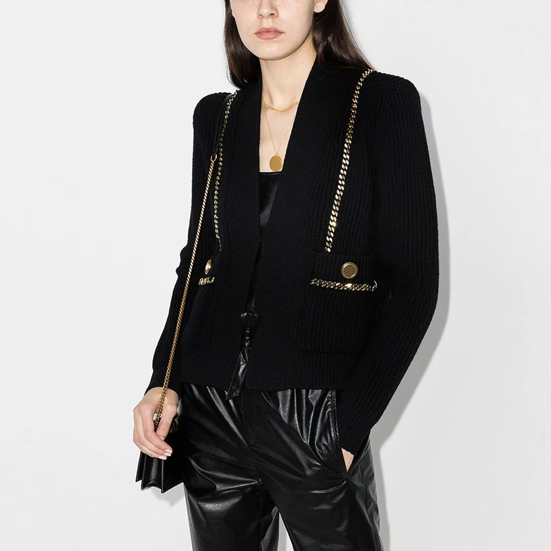 

Новый 10,29 осень-зима винтажная декоративная металлическая цепь с v-образным вырезом удобные шерстяной вязаный кардиган пальто для женщин