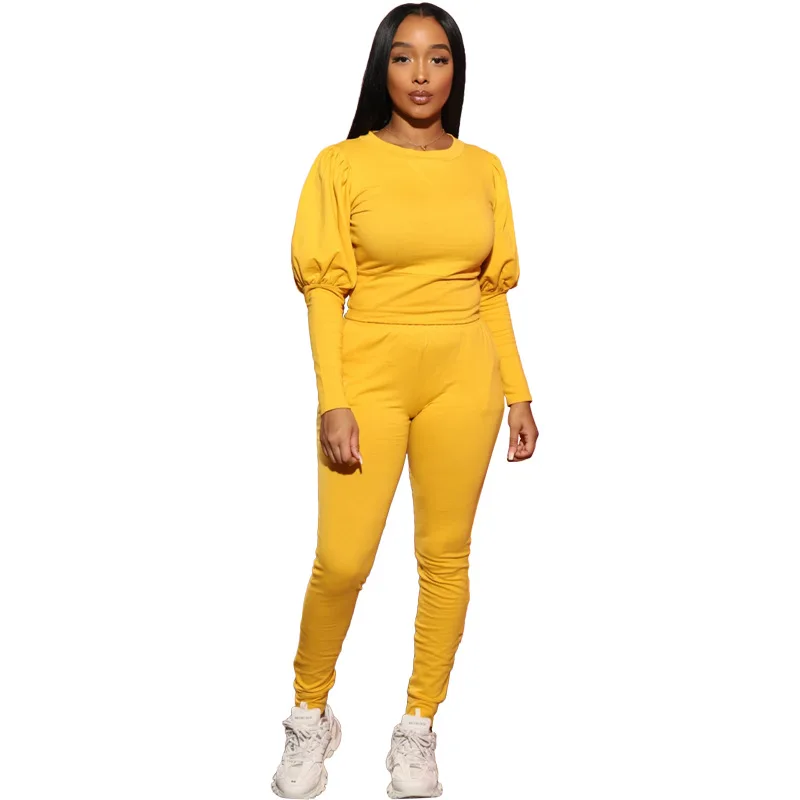 Women's two-piece suit 2020 spring and autumn bubble sleeve shirt trousers solid color temperament fashion street style | Женская