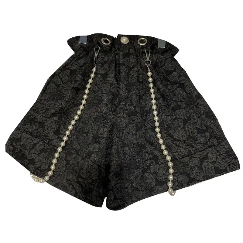 

2021 Summer New Pearl Shoulder Strap Shorts Womens Chain Pleated Embossed Loose Hot Pants All-match High Waist Casual Shorts