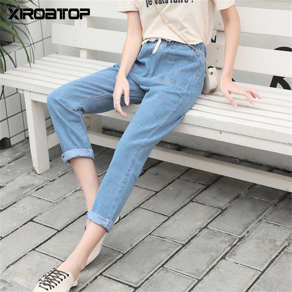 

NEW autumn Jeans Women Loose Korean High Waist Wide Leg Straight Student Elastic Waist Spring summer Harem Ankle-Length Pants