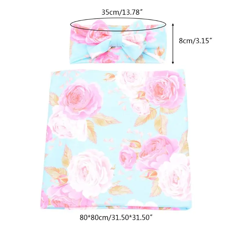 

2Pcs Little Kids Cute Cartoon Printed Wrapped Blanket Towel with Bow-knot Headband Hair Band Set for Baby Infants