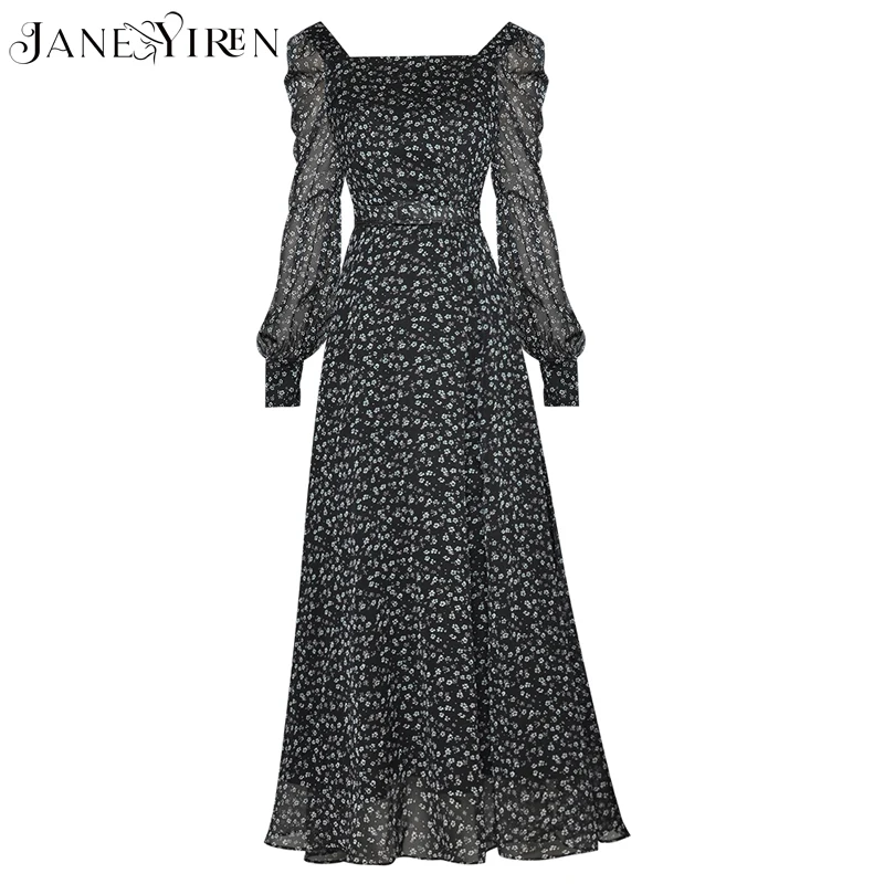 

Janeyiren 2021 Summer Runway Black Dress Women's Square Collar Lantern sleeve Floral print Long Chiffon Party Gown Dress