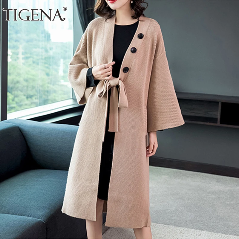 

Женский длинный кардиган оверсайз TIGENA, однотонный вязаный кардиган с поясом и карманами, Осень-зима 2021