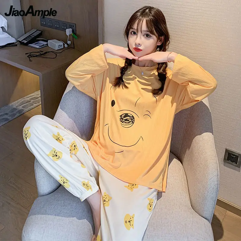 

2022 Spring Autumn New Pajamas Women Korean Cute Long-sleeved Trousers Pijamas Two-piece Female O-Neck Sexy Nightwear Homewear