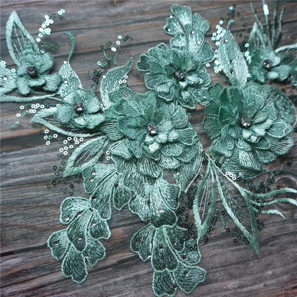 Мятно зеленый 3D цветок ткань из листового Кружева стразы с блестками вышитые