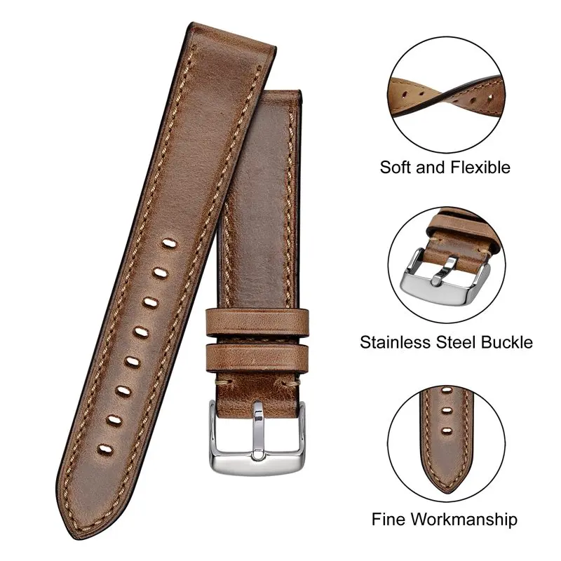 Anbeer Leather Watchband 18mm 19mm 20mm 21mm 22mm 23mm 24mm Men Women Black Brown Horween Leather Calfskin Watch Strap Bracelet