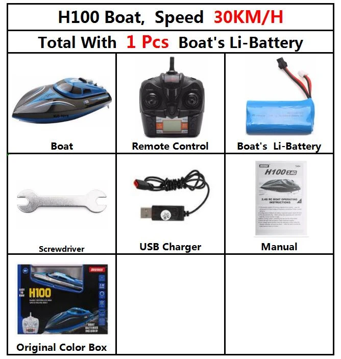 Рождественская игрушка TKKJ H100 2,4G RC лодка 180 градусов флип высокоскоростная электрическая RC гоночная лодка для бассейнов озера и приключений на открытом воздухе - Цвет: 30KM H H100 1Battery