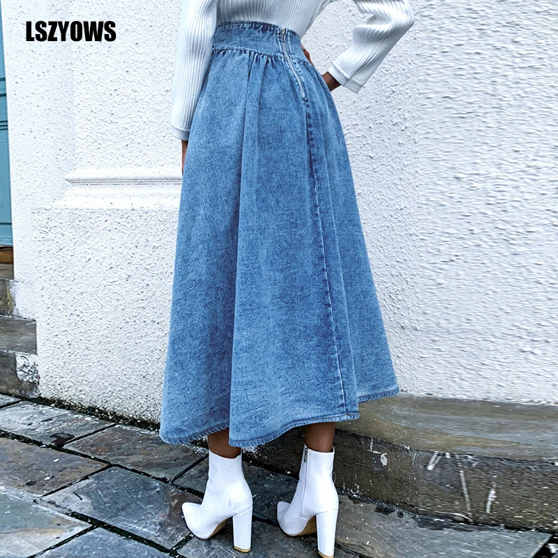 

Blue Long Denim Skirts Women 2021 Autumn High Waist A-line Casual Midi Skirt Female Fashion Vintage Loose Jeans Skirt Streetwear