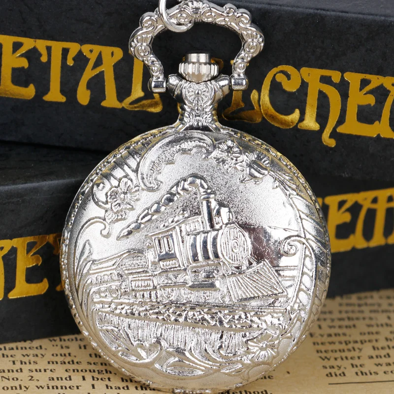 

Silver Train Carved Quartz Pocket Watch Men Women Watch Fashion Necklace Pendant Hot Selling Commodity