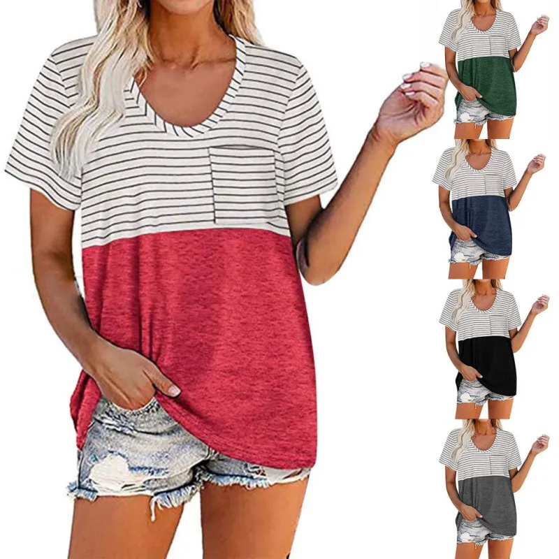 

ROPALIA Summer Short Sleeve Loose Tee T-Shirt Women Patchwork Round Collar T Shirts Tops