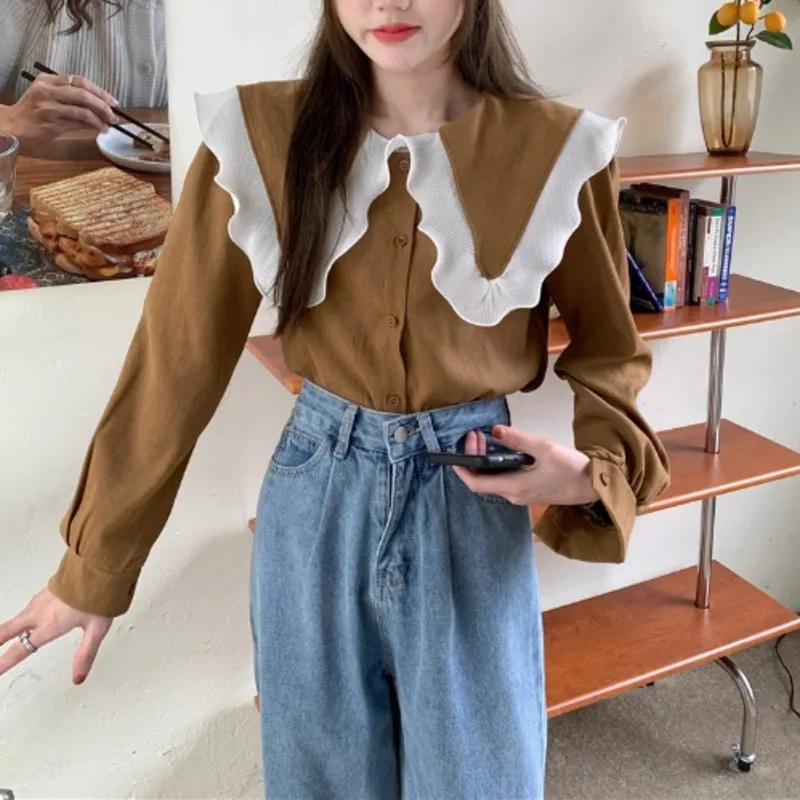 

Женский топ с оборками и кукольным воротником, утепленная матовая рубашка с длинным рукавом для осени и зимы