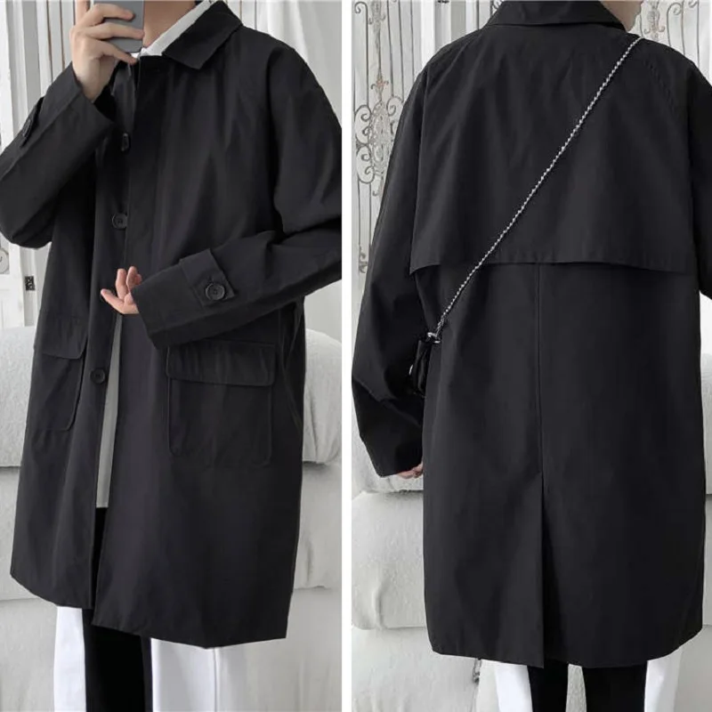 

Korean style Cloak Trench Coat Mens Casual Solid Autumn New Fashion Loose Long Overcoat Male High Street Windbreaker Trenchcoat