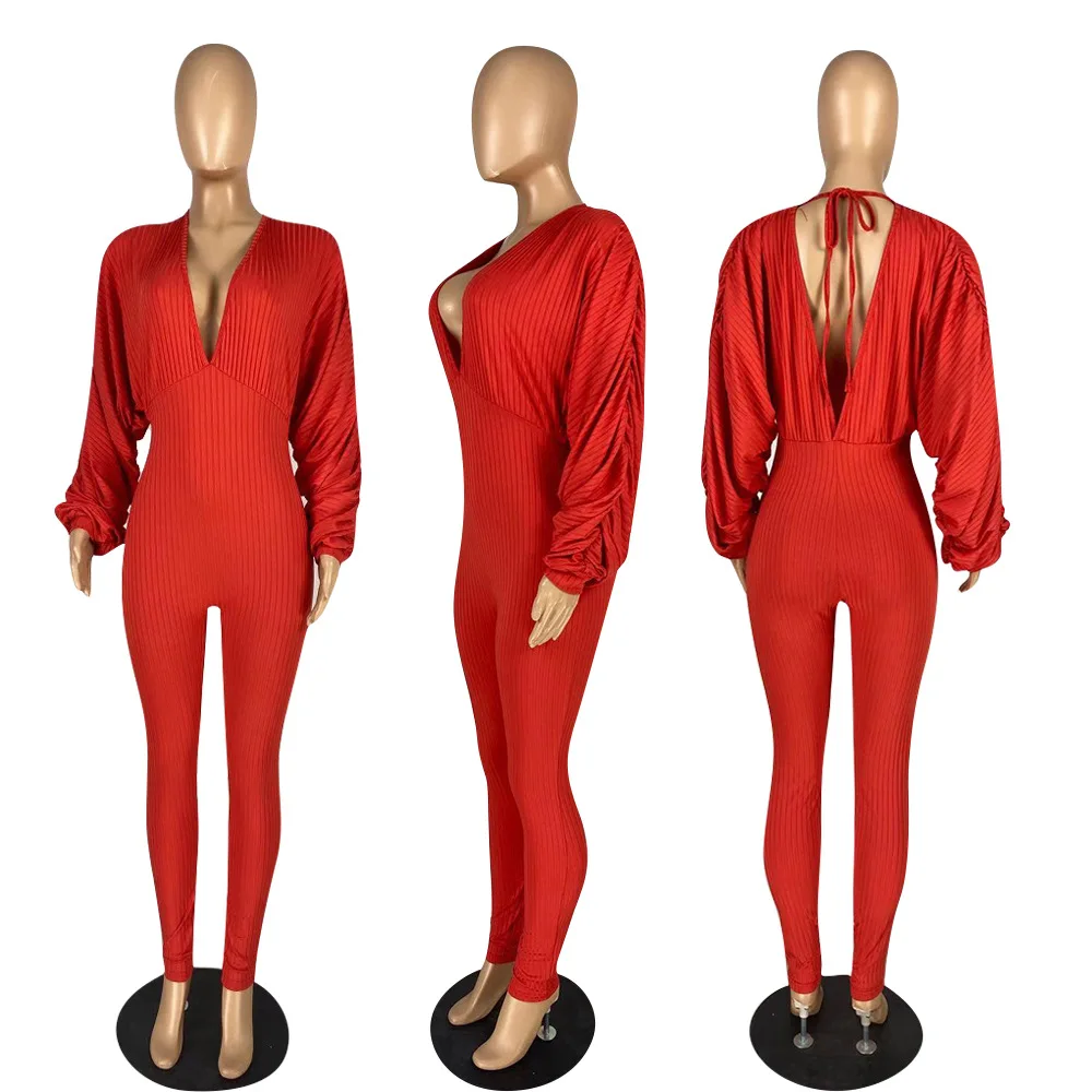 

Real Pictures Solid Batwing Sleeve Women High Elastic Jumpsuits 2020 Spring Hot Selling Sexy Deep V-neck Skinny Clubwear Rompers