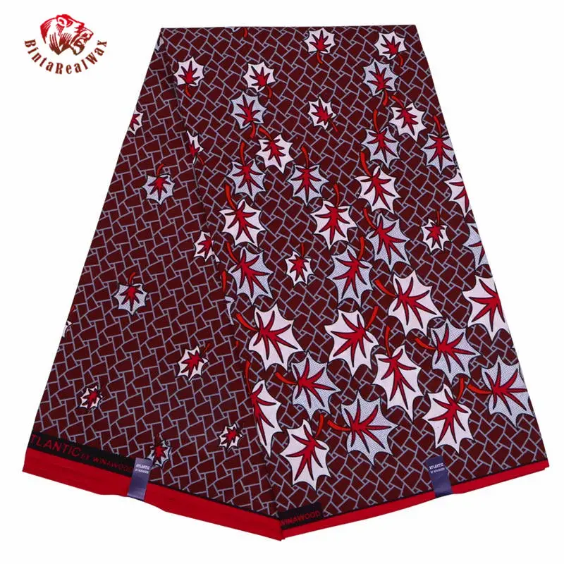 

Bintarealwax African Fabric Polyester Maple Leaf Pattern Ankara Meterial for Sewing 6 Yards/Lot Handwroking DIY Tissus FP6094