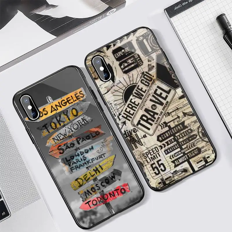 

World Map Travel pattern Phone Case Tempered glass For iphone 6 7 8 plus X XS XR 11 12 13 PRO MAX mini