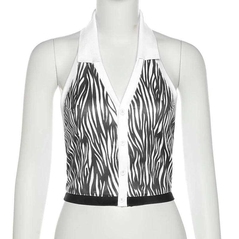 

LALUMAI women's Tank Tops Spring and summer contrast open navel stripe open back hanging neck vest sleeveless sling bottomed top