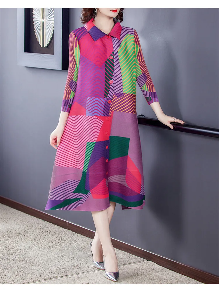 

Miyake pleated print dress 2021 spring new loose fashion plus size women's slim dress Women's Lapel Fashion Blouse Dress