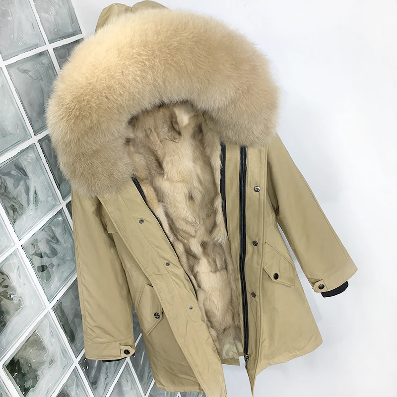 Plus Size Real Fur Coat Waterproof Parka Mujer Winter Jacket Women Natural Fox Fur Collar Liner Hood Thick Warm Outerwear Hat - Color: MiddleLong Camel