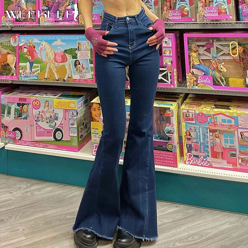 

FAKUNTN Weekeep Women Streetwear Flare Jeans High Waist Solid Loose Denim Pants Summer Casual Blue Trousers Korean New Aesthetic
