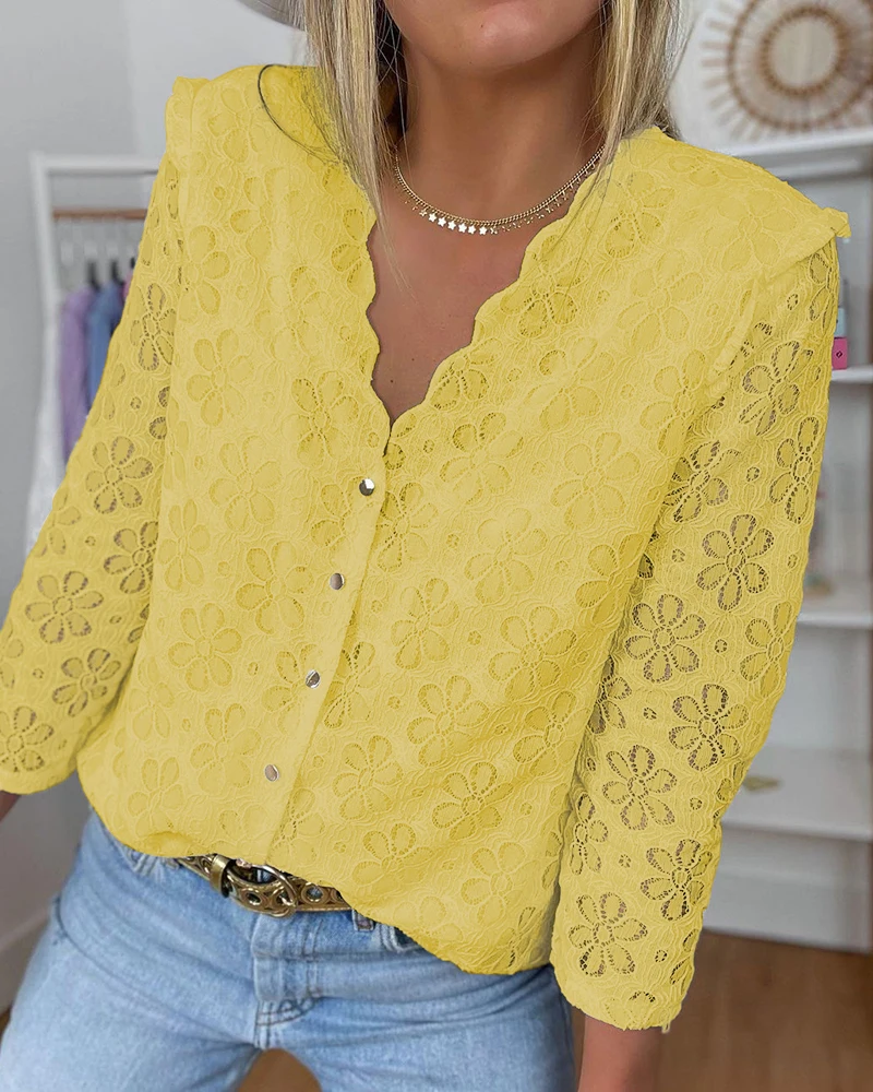 

Women Floral Pattern Boho Blouse Femme Casual V-Neck Button Design Lace Top Office Ladies Outfits Tunic