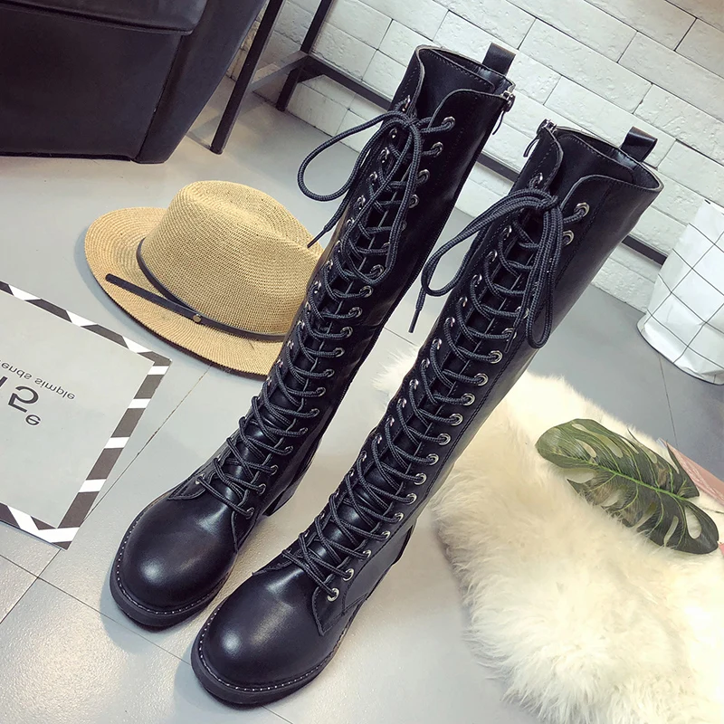 Женские сапоги martin до колена на шнуровке спереди Зимние теплые плюшевые высокие