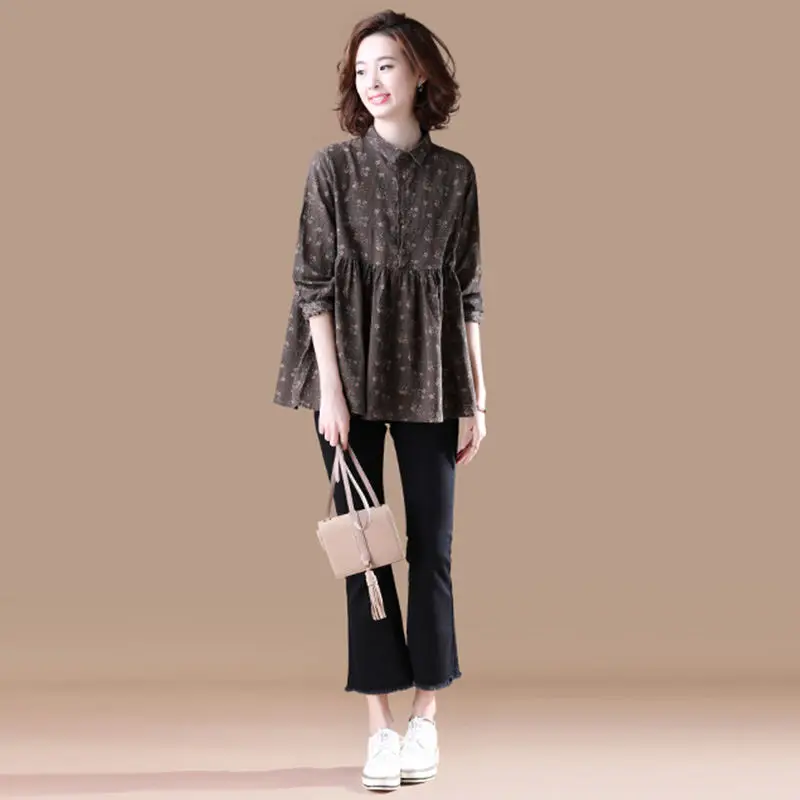 Женские блузки с длинным рукавом повседневные рубашки винтажным принтом в стиле