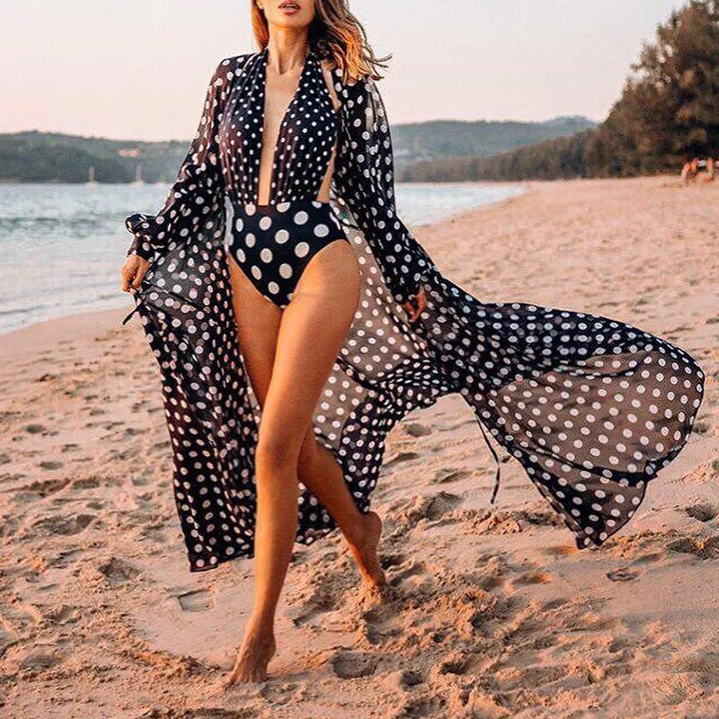 

2021 Bikini Cover-up for Swimwear Women Bohemian Dot Printed Summer Beach Dress Chiffon Tunic Women Swimsuit Cover Up Beachwear