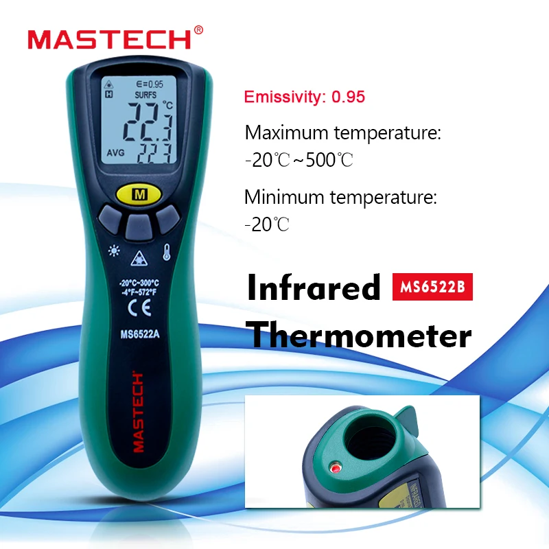 Mastech MS6522B инфракрасный термометр портативный ЖК цифровой 10:1(D:S) Бесконтактный