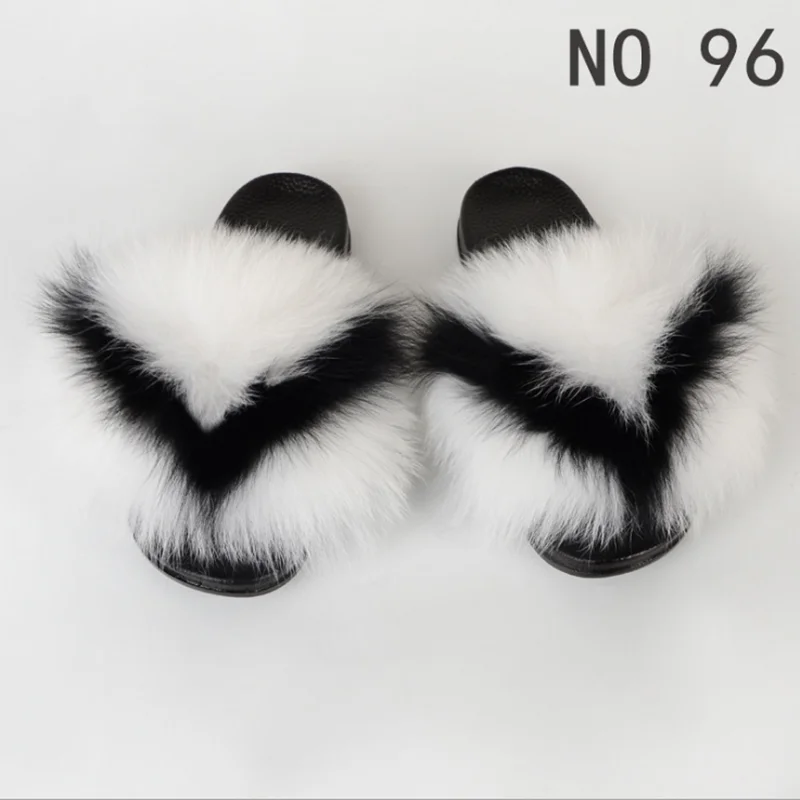 

Fur Slippers Women Real Fox Fur Slides Home Furry Flat Sandals Female Cute Fluffy House Shoes Woman Brand Luxury 2021