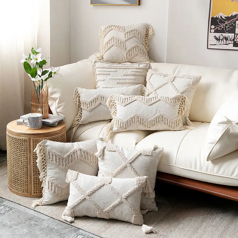 

Boho Style Cushion Cover 45x45cm/30x50cm Pillow Cover Cotton Linen Tufted Tassles Beige Pullow Case for Home decoration Sofa Bed