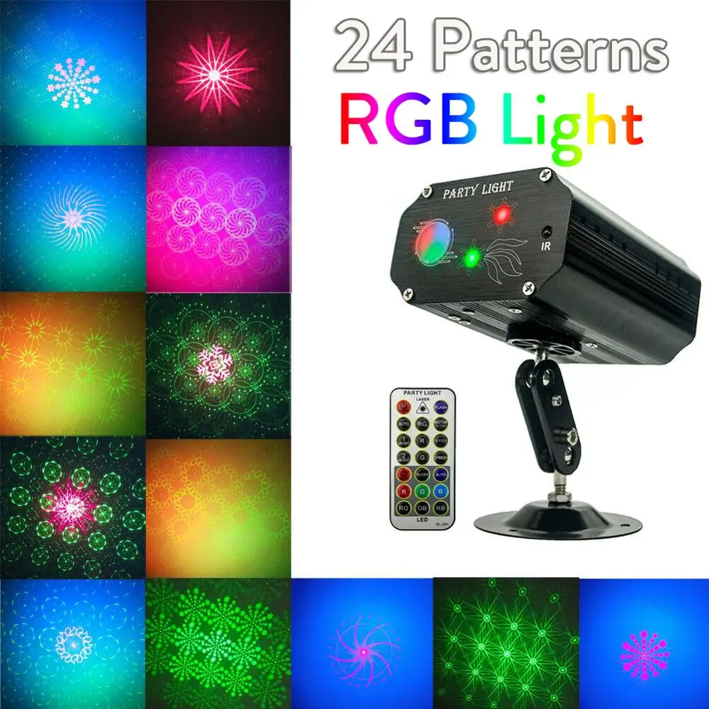Минисветильник RGB светодиодный лазерный прожектор с 24 узорами, освещение для дискотеки, диджея, сценического эффекта, лампа для KTV, вечеринки, клуба, танцев, мытья