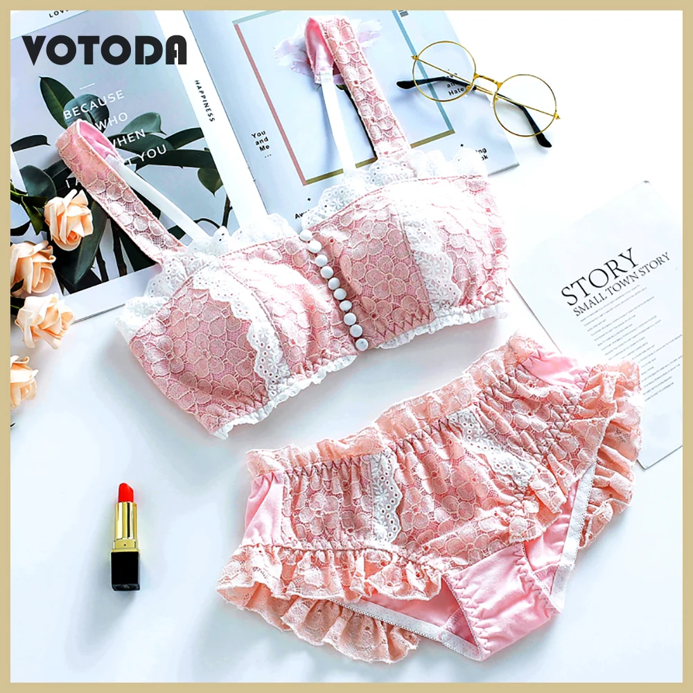 

Women Cotton Bra Briefs Set Sweet Lace Ruffles Embroidery Lingerie Girls Lolita Pink&White Underwear Comfortable Wire Free Bras