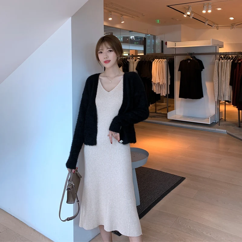 

Retro Ladies Mink fleece Temperament Sexy Sling Dress 2021 Korean Autumn New Women Two-piece Cardigan + Sling office Party Dress