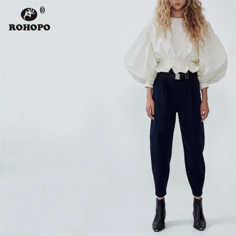 ROHOPO/свитер с длинными рукавами и круглым воротником, с пышными рукавами, бежевая хлопковая туника с эластичным поясом, однотонные толстовки#9634