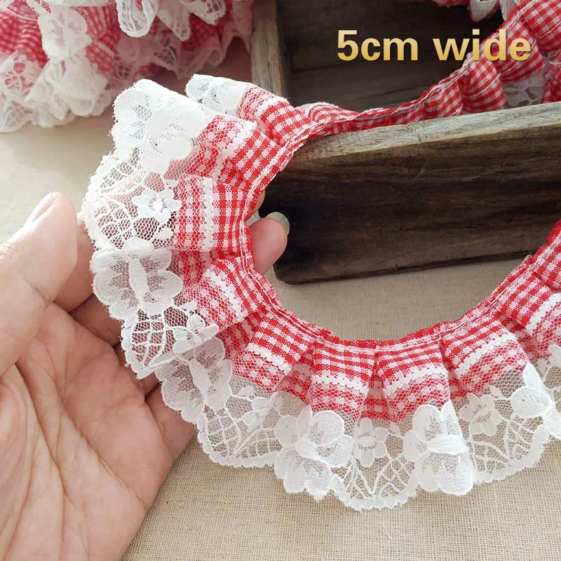 NEW Fashion Mesh Embroidered Red Plaid Wrinkle Lace Ribbon DIY Doll Baby Tutu Make Clothes Neckline Cuffs Puff Trim Accessories