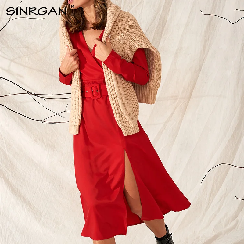 SINRGAN Red Festive New Year Chilli Color Midi Dress Women Spring V Neck Christmas Holiday Long Dresses Female with Belt |