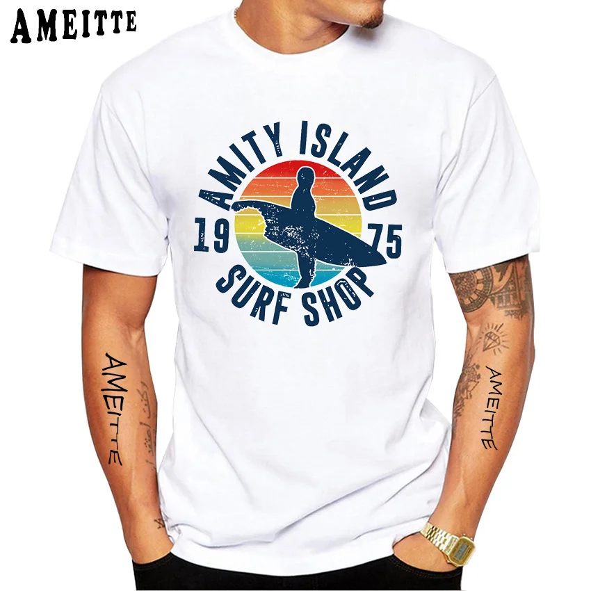 

Классическая винтажная футболка Amity Island Surf Shop 1975, Модные мужские повседневные белые топы с коротким рукавом для мальчиков, летние футболки