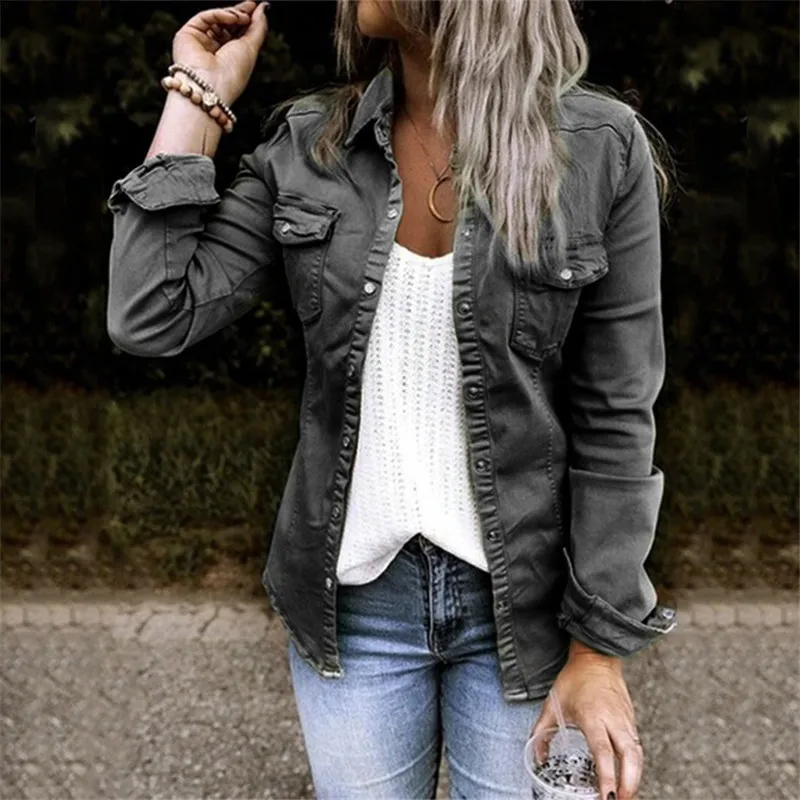 

Spring And Autumn Single-Breasted Denim Blouse Lapel Solid Color Slim Blouse 2021 Fashion New Ladies Casual Top Clothes
