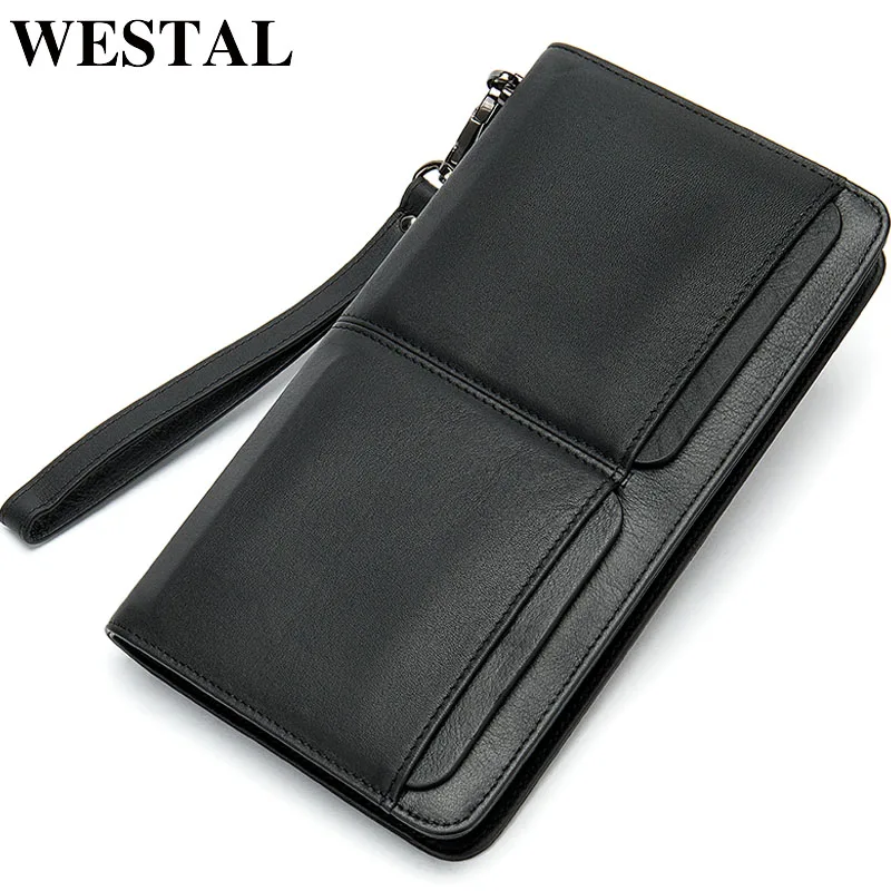 Мужской кошелек WESTAL Длинный из натуральной кожи с отделением для карт и ремешком