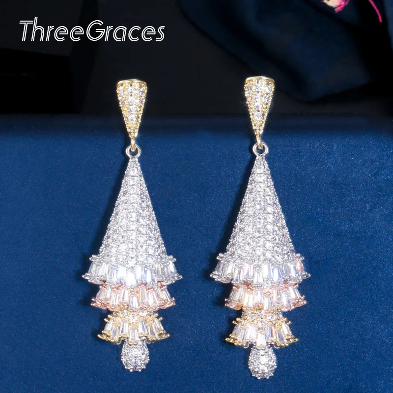 

ThreeGraces 2022 Fashion Women 3 Tone Gold Color Cubic Zirconia Long Drop Dangle Earrings Boho Bridal Party CZ Jewelry ER458