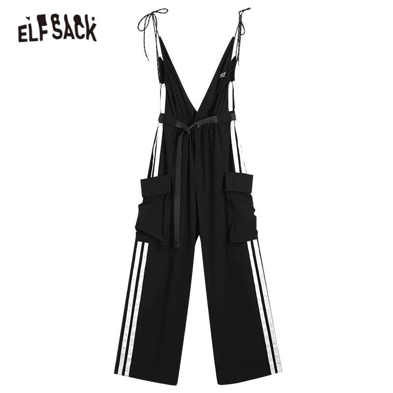 

ELFSACK Striped Letter Print Chic Casual Women Overall Pants,2021 Summer High Waist Straight Ladies,Daily Jumpsuits