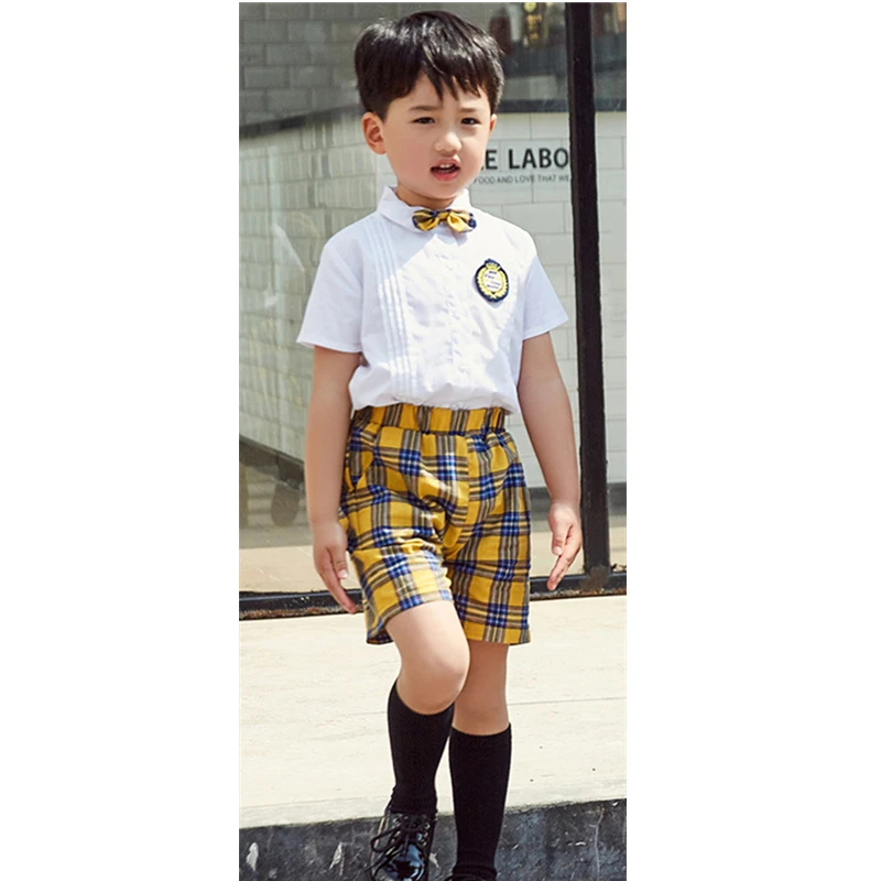 Boy Yellow Set Детская модная школьная форма в корейском и японском стиле на рост 90-180 см, классная одежда, топ, клетчатая юбка, сценические костюмы с галстуком для детей - Цвет: Boy Yellow Set