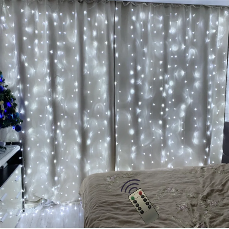 3*3M LED Copper Curtain light Chandelier Battery Power Garland Remote Control icicle String Light  Wedding Home Bedroom Decor