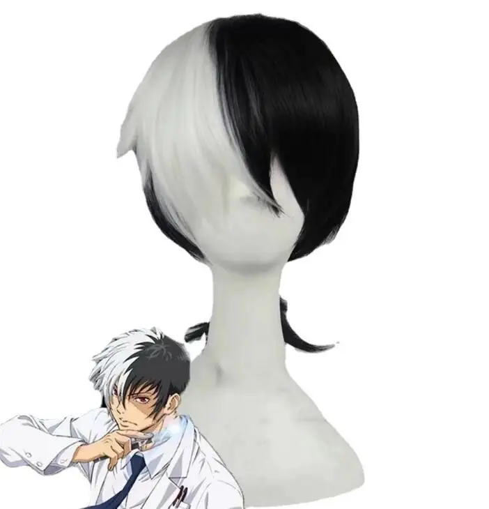 

Cosplay Anime Bungo Stray Dogs Wigs Kyuusaku Yumeno Half Black and White Short Heat Resistant Hair Anime Cosplay Wig
