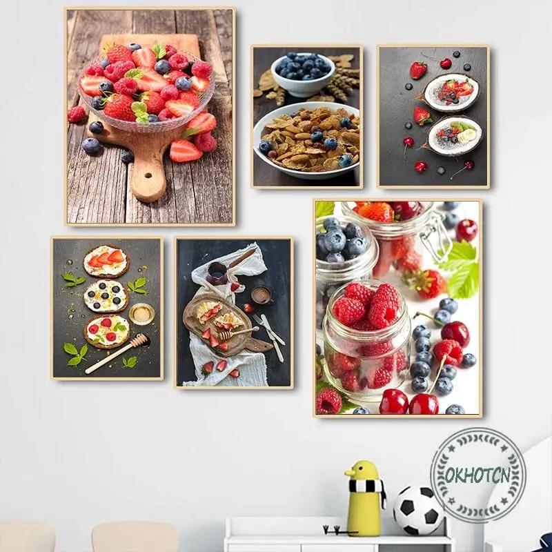 

Nordic Kitchen Vegetable Fruit Food Canvas Painting Cheese Tomato Yogurt Muesli Berry Nuts Breakfast Poster Wall Art Pictures