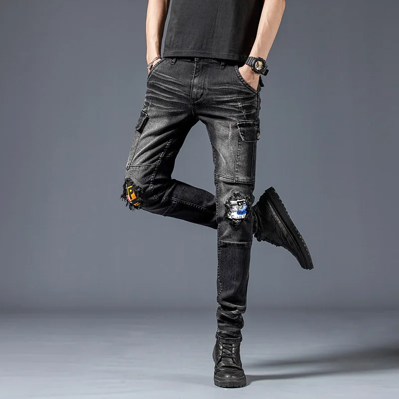 Men's Multi-Pocket Black Stretch Jeans Fashion Streetwear Denim Trousers Biker Male Casual Straight Slim Ripped Motorcycle Pants